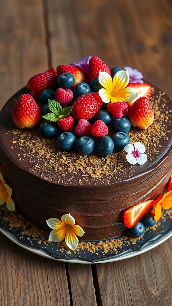 Decadent Flourless Chocolate Cake with Gold-Dusted Berries Flourless chocolate cake topped with gold-dusted berries and edible flowers on a rustic wooden table.